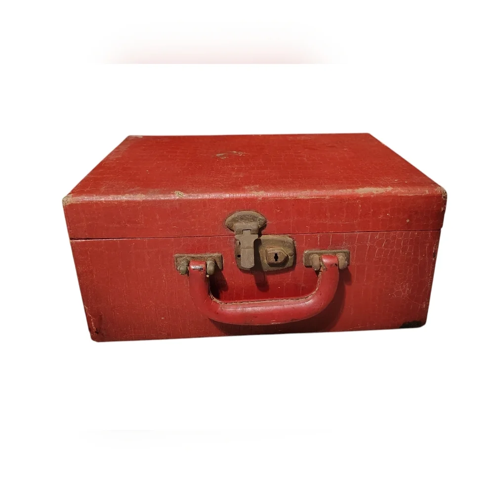 Vintage Early 1900s Red Vanity / Toiletry Case with Mirror, Containers, & Brush